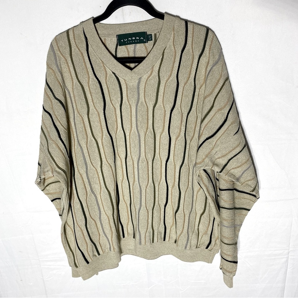 Vintage 90s Tundra Beige Wavy Line Striped V Neck Knit Sweater XL Dadcore